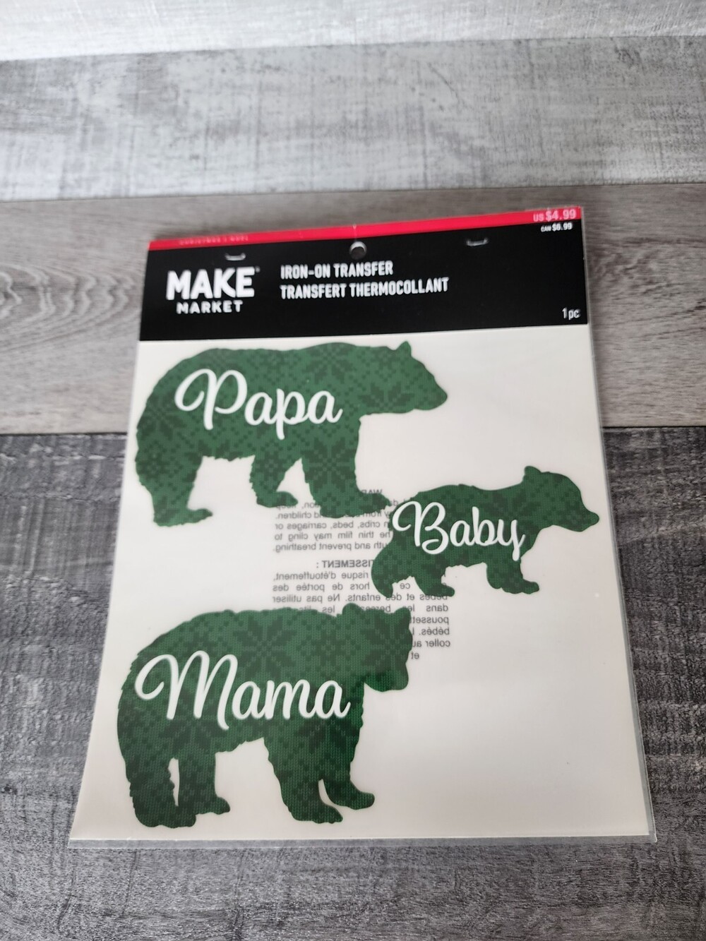 Christmas Iron-on Transfers - Mama Papa and Baby Bear - Green Plaid - DIY Crafts